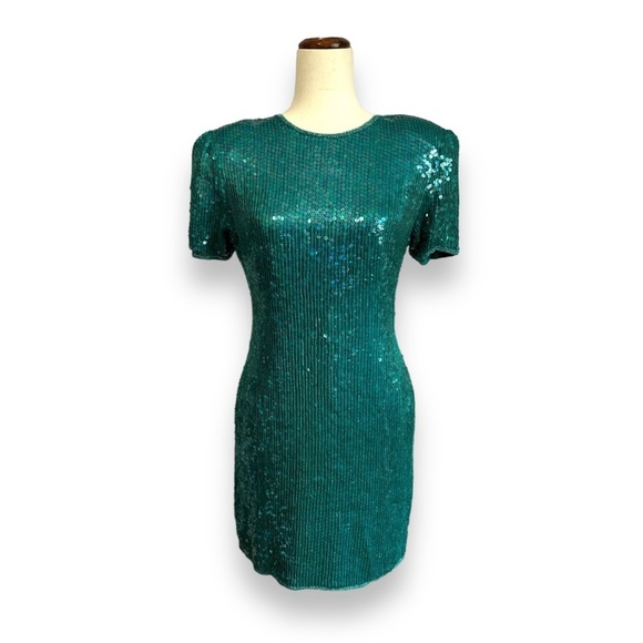 Scala Dresses & Skirts - Scala Vintage 100% Silk Teal Sequin Cocktail Dress - Petite Medium